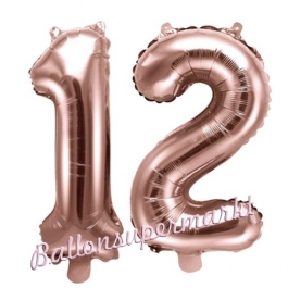 Zahlen-Luftballons aus Folie, Zahl 12 zum 12. Geburtstag und Jubiläum, Rosegold, 35 cm