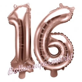 Zahlen-Luftballons aus Folie, Zahl 16 zum 16. Geburtstag und Jubiläum, Rosegold, 35 cm