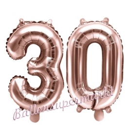 Zahlen-Luftballons aus Folie, Zahl 30 zum 30. Geburtstag und Jubiläum, Rosegold, 35 cm