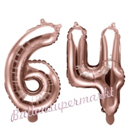 Zahlen-Luftballons aus Folie, Zahl 64 zum 64. Geburtstag und Jubiläum, Rosegold, 35 cm