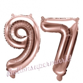 Zahlen-Luftballons aus Folie, Zahl 97 zum 97.Geburtstag und Jubiläum, Rosegold, 35 cm