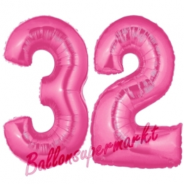 Zahl 32, Pink, Luftballons aus Folie zum 32. Geburtstag, 100 cm, inklusive Helium