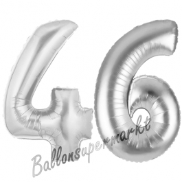 Zahl 46, Silber, Luftballons aus Folie zum 46. Geburtstag, 100 cm, inklusive Helium