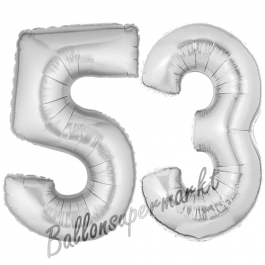 Zahl 53, Silber, Luftballons aus Folie zum 53. Geburtstag, 100 cm, inklusive Helium