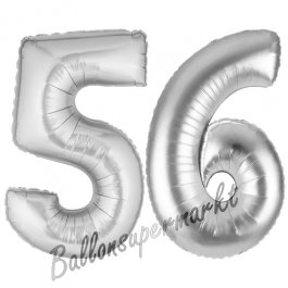 Zahl 56, Silber, Luftballons aus Folie zum 56. Geburtstag, 100 cm, inklusive Helium