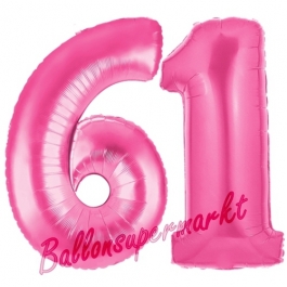 Zahl 61, Pink, Luftballons aus Folie zum 61. Geburtstag, 100 cm, inklusive Helium