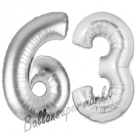 Zahl 63, Silber, Luftballons aus Folie zum 63. Geburtstag, 100 cm, inklusive Helium