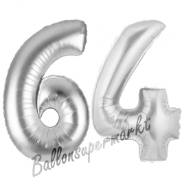 Zahl 64, Silber, Luftballons aus Folie zum 64. Geburtstag, 100 cm, inklusive Helium