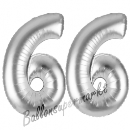 Zahl 66, Silber, Luftballons aus Folie zum 66. Geburtstag, 100 cm, inklusive Helium