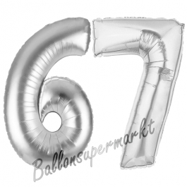 Zahl 67, Silber, Luftballons aus Folie zum 67. Geburtstag, 100 cm, inklusive Helium