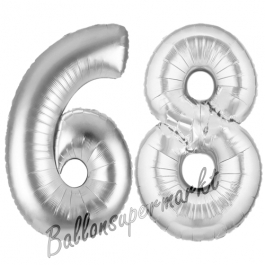 Zahl 68, Silber, Luftballons aus Folie zum 68. Geburtstag, 100 cm, inklusive Helium