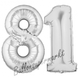 Zahl 81 Silber, Luftballons aus Folie zum 81. Geburtstag, 100 cm, inklusive Helium