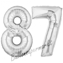 Zahl 87 Silber, Luftballons aus Folie zum 87. Geburtstag, 100 cm, inklusive Helium