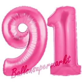 Zahl 91, Pink, Luftballons aus Folie zum 91. Geburtstag, 100 cm, inklusive Helium