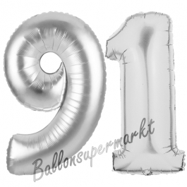 Zahl 91 Silber, Luftballons aus Folie zum 91. Geburtstag, 100 cm, inklusive Helium