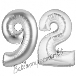 Zahl 92 Silber, Luftballons aus Folie zum 92. Geburtstag, 100 cm, inklusive Helium