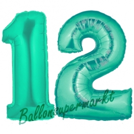 Zahl 12, Aquamarin, Luftballons aus Folie zum 12. Geburtstag, 100 cm, inklusive Helium
