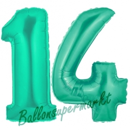 Zahl 14, Aquamarin, Luftballons aus Folie zum 14. Geburtstag, 100 cm, inklusive Helium