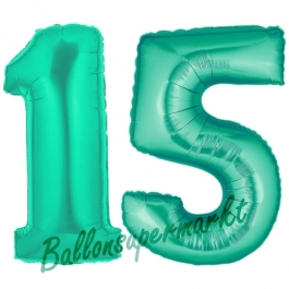 Zahl 15, Aquamarin, Luftballons aus Folie zum 15. Geburtstag, 100 cm, inklusive Helium