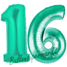 Zahl 16, Aquamarin, Luftballons aus Folie zum 16. Geburtstag, 100 cm, inklusive Helium
