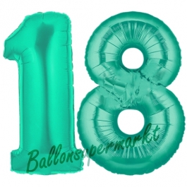 Zahl 18, Aquamarin, Luftballons aus Folie zum 18. Geburtstag, 100 cm, inklusive Helium