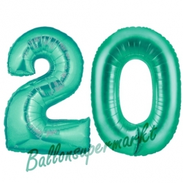 Zahl 20, Aquamarin, Luftballons aus Folie zum 20. Geburtstag, 100 cm, inklusive Helium 