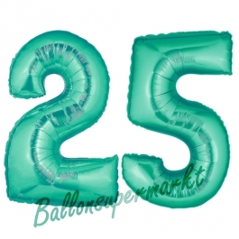 Zahl 25, Aquamarin, Luftballons aus Folie zum 25. Geburtstag, 100 cm, inklusive Helium