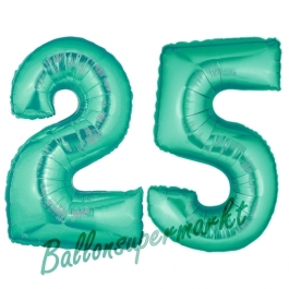 Zahl 25, Aquamarin, Luftballons aus Folie zum 25. Geburtstag, 100 cm, inklusive Helium