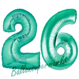 Zahl 26, Aquamarin, Luftballons aus Folie zum 26. Geburtstag, 100 cm, inklusive Helium