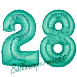 Zahl 28, Aquamarin, Luftballons aus Folie zum 28. Geburtstag, 100 cm, inklusive Helium