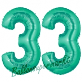 Zahl 33, Aquamarin, Luftballons aus Folie zum 33. Geburtstag, 100 cm, inklusive Helium