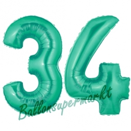 Zahl 34, Aquamarin, Luftballons aus Folie zum 34. Geburtstag, 100 cm, inklusive Helium
