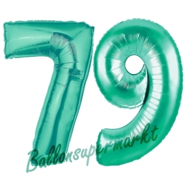 Zahl 79 Aquamarin, Luftballons aus Folie zum 79. Geburtstag, 100 cm, inklusive Helium