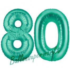 Zahl 80, Aquamarin, Luftballons aus Folie zum 80. Geburtstag