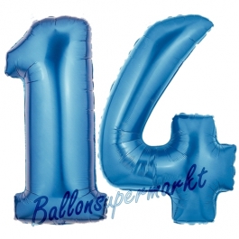 Zahl 14 Blau, Luftballons aus Folie zum 14. Geburtstag, 100 cm, inklusive Helium