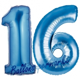 Zahl 16, blau, Luftballons aus Folie zum 16. Geburtstag, 100 cm, inklusive Helium