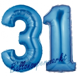 Zahl 31, Blau, Luftballons aus Folie zum 31. Geburtstag, 100 cm, inklusive Helium