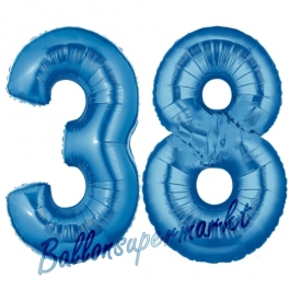 Zahl 38, Blau, Luftballons aus Folie zum 38. Geburtstag, 100 cm, inklusive Helium