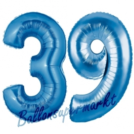 Zahl 39, Blau, Luftballons aus Folie zum 39. Geburtstag, 100 cm, inklusive Helium