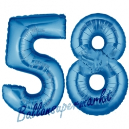 Zahl 58, Blau, Luftballons aus Folie zum 58. Geburtstag, 100 cm, inklusive Helium