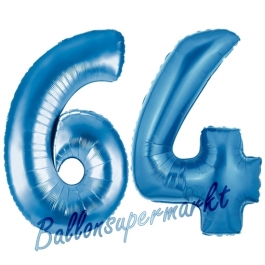 Zahl 64, Blau, Luftballons aus Folie zum 64. Geburtstag, 100 cm, inklusive Helium