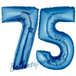 Zahl 75, Blau, Luftballons aus Folie zum 75. Geburtstag, 100 cm, inklusive Helium