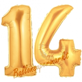 Zahl 14 Gold, Luftballons aus Folie zum 14 Geburtstag, 100 cm, inklusive Helium