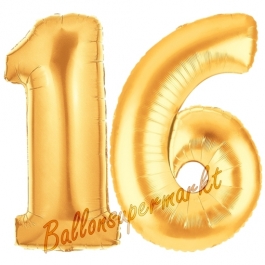 Zahl 16, Gold, Luftballons aus Folie zum 16. Geburtstag, 100 cm, inklusive Helium