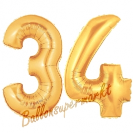 Zahl 34, Gold, Luftballons aus Folie zum 34. Geburtstag, 100 cm, inklusive Helium