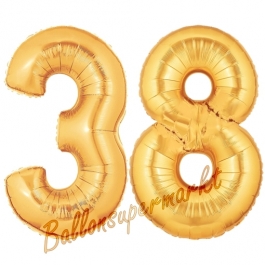 Zahl 38, Gold, Luftballons aus Folie zum 38. Geburtstag, 100 cm, inklusive Helium