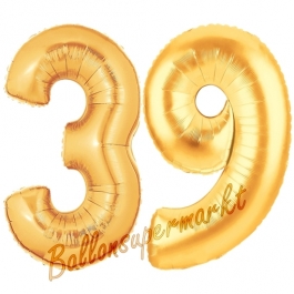Zahl 39, Gold, Luftballons aus Folie zum 39. Geburtstag, 100 cm, inklusive Helium