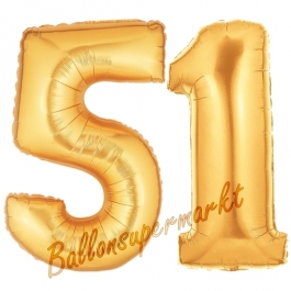 Zahl 51, Gold, Luftballons aus Folie zum 51. Geburtstag, 100 cm, inklusive Helium