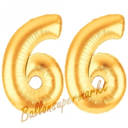 Zahl 66, Gold, Luftballons aus Folie zum 66. Geburtstag, 100 cm, inklusive Helium