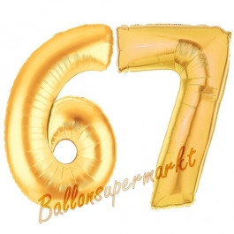 Zahl 67, Gold, Luftballons aus Folie zum 67. Geburtstag, 100 cm, inklusive Helium